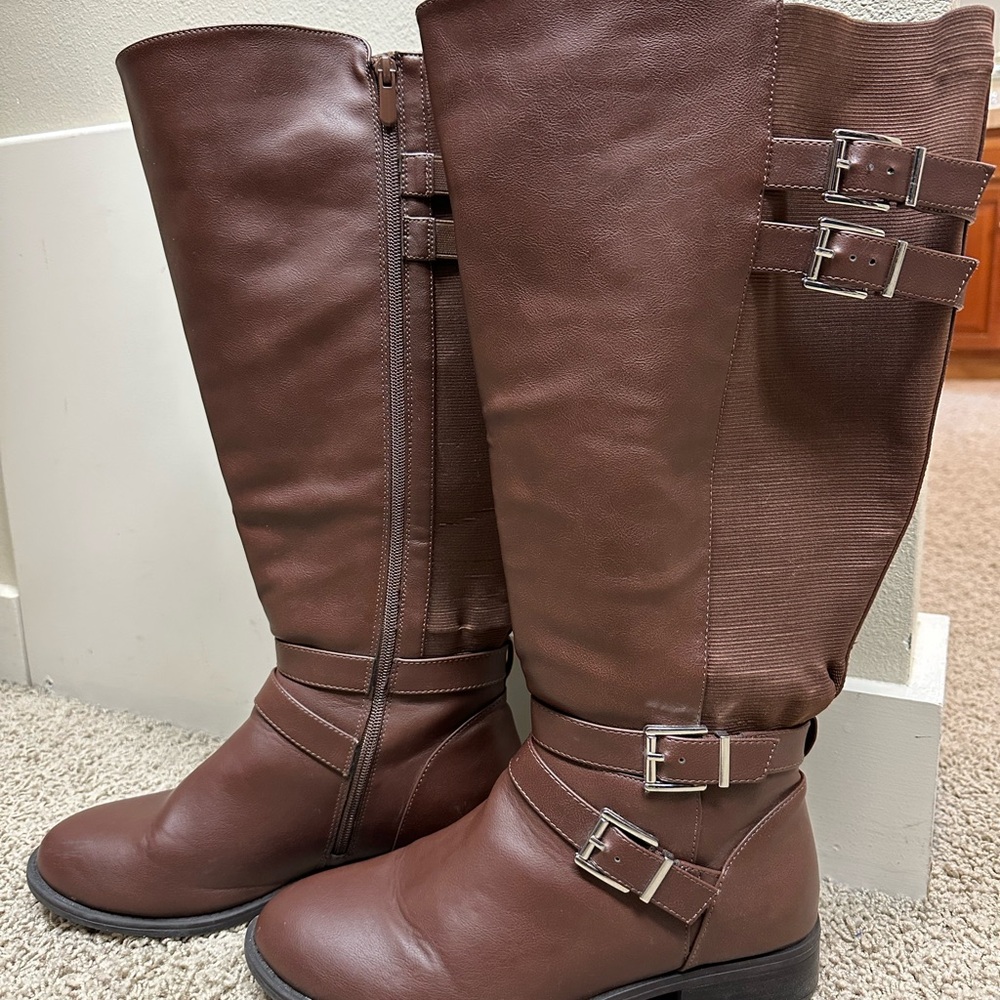 Extended Wide Calf Brown Leather Knee-High Boots with Silver Buckles, WW